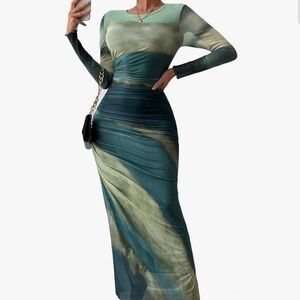 LIGHT DOT Women's Printed Maxi Ruched Cocktail Dress - Size S - Green Like New!